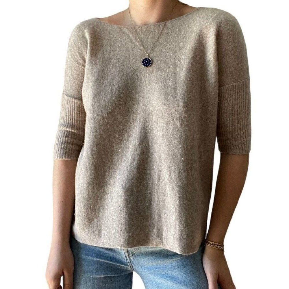 Griffen Womens Beige Tan 100% Cashmere 3/4 Sleeve Minimalist Soft Sweater Sz XS